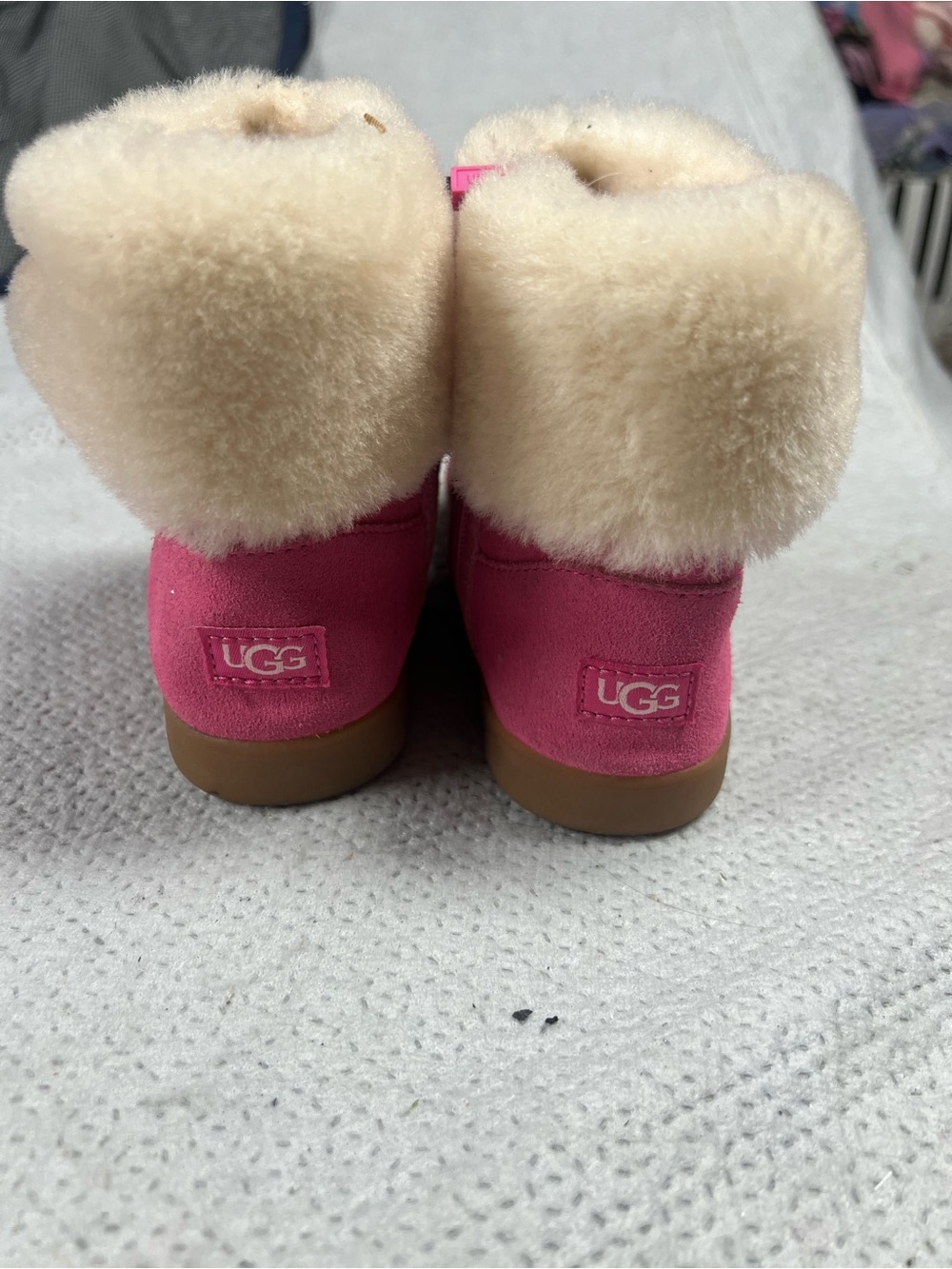 UGG Kids Pink Suede Fold-Down Boots with Cream Shearling Cuff